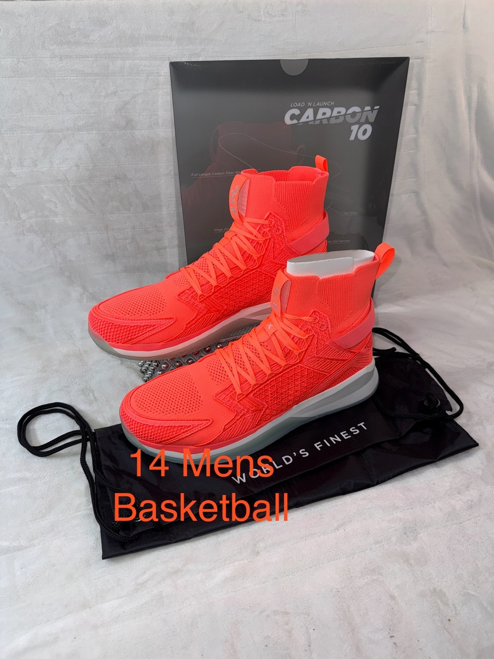 Men's 14 APL High-Top Basketball Sneakers in Laser Red, Silver & White.